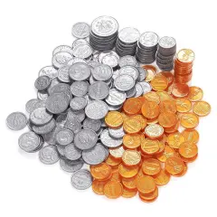 Pack of 250 Play Coin Set - Includes 10 Half-Dollars, 40 Quarters, 50 Dimes, 50 Nickels, 100 Pennies Fake Plastic Coins - Pretend Money - Great Teaching Tool, Prop, Kids Toy, 0.98 Inches in Diameter Silver