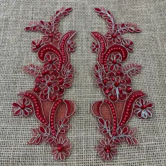 1 Pair Beaded & Corded Floral Lace Applique 9" x 2.5" Each Side Red with Silve