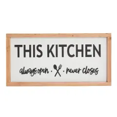 Wooden Rustic Kitchen Wall Decor Sign, This Kitchen Always Open Never Closes (16 x 8 In) Brown