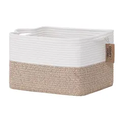 COMFY-HOMI Cotton Rope Woven Basket with Handles for Shelves,Toys,Book, Cloth Storage Baskets for Organizing-13.5" x 11" x 9.5" Toy Decorative Organizer for Living Room, Bathroom （White/Brown）