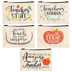 Teacher Appreciation Pouches with Zipper for Pencils, Stationery, Toiletries, 5 Festive Designs, Makeup Bags, Travel Cosmetic Pouch for Women (9x6 Inches, 5-Pack) Multicolor