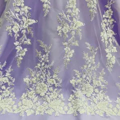 1 Yard Beaded & Sequined Embroidered Lace Fabric on 100% Polyester Mesh, 52" Wide Ivory