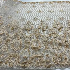 1 Yard Black Beaded 3D Floral Lace Fabric, Embroidered Mesh on 100% Polyester, 48" Wide Champagne