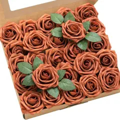 25Pcs Artificial Flowers - 3" Burnt Orange Roses withj Stems