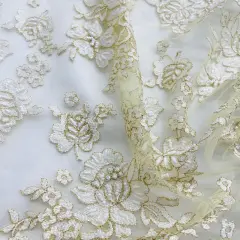 1 Yard Elegant Beaded Lace Fabric Embroidered on 100% Polyester Net Mesh Ivory with Gold 54" Width