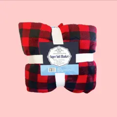 50x60" Checkered Red & Black Sherpa Throw Blanket Coral Fleece Front