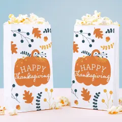 Big Dot of Happiness Happy Thanksgiving Popcorn Bags, Fall Harvest Party Favor Snack Treats, Free-Standing Individual White Paper Bags - 25 Count