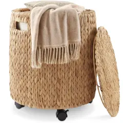 Rolling Storage Basket with Lid & Wheels, Wicker Hyacinth Hamper Storage Bin Natural