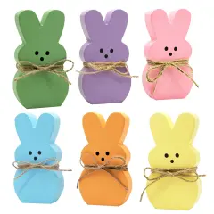 DAZONGE Easter Decorations - 6PCS Wood Bunny Peeps Easter Tiered Tray Decor Signs - Easter Shelf Sitter - Easter Decor for the Home - Spring Wood Decor
