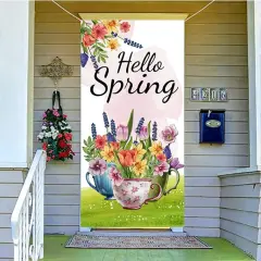 Hello Spring Door Cover with 70.9"X35.4", Spring Colorful Floral Green Leaves Door Sign Backdrop for Spring Easter Seasonal Holiday Wedding Yard Decor Farmhouse Indoor Outdoor Decorations