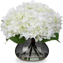Hydrangea Artificial Flowers with Glass Vase White Silk Faux Flowers Arrangements with Faux Water Fake Floral Bulk Bouquet for Home Decor Table Centerpiece Decorations