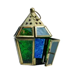 In the Breeze 9205 &mdash; Blue & Green Mini Hex Tealight Lantern &mdash; Moroccan-Style Boho Chic Tealight Glass and Metal Tabletop Lantern