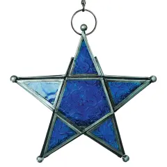 In the Breeze 9217 &mdash; Blue 5-Point Star Tealight Lantern &mdash; Moroccan-Style Boho Chic Glass and Metal Tealight Hanging Lantern