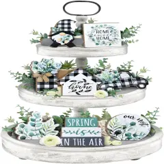 Spring Tiered Tray Decor, Farmhouse Eucalyptus Leaves Tray Decorations, Spring Gnome Wreath Buffalo Plaid Mason Jar Truck Wooden Signs, Rustic Spring Decor for Home Table Shelf Mantel Party
