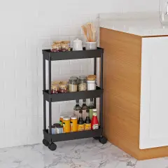Tier Rolling Cart with Wheels,Slim Storage Cart,Narrow Storage Cabinet,Under Desk Storage,Rolling Utility Cart Storage Organizer for Office Bathroom Kitchen Laundry Room Narrow Places, Black