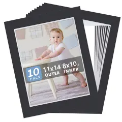 10 Pack Pre-Cut 11 x 14 Black Picture Mats for 8.5x11 Photos - White Core Bevel Cut Frame Matte, Acid Free, Ideal for Frames/Artwork/Prints