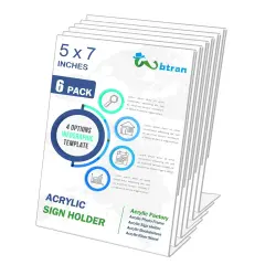 Wbtran Slanted Back Acrylic Sign Holder 5 x 7, Clear Tabletop Sign Holder, Acrylic Stands for Display 5 x 7, Plastic Paper Sign Holder for Office, Home, Restaurant (6 Pack)