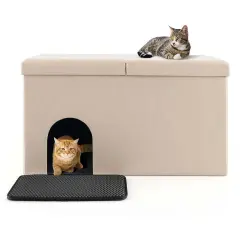 Costway Cat Litter Box Enclosure Hidden Furniture Cat Washroom Shoe Storage Bench Beige/Grey