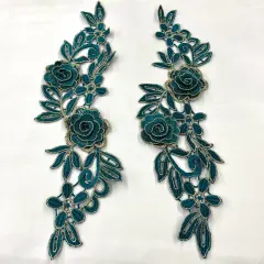 1 Pair 3D Floral Lace Applique Embroidered on 100% Polyester Net Mesh 14" x 5" Each Side Teal/gold