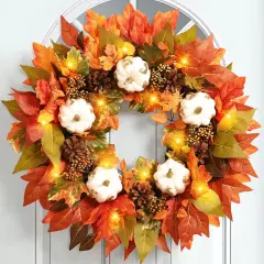 20 Inch Fall Wreaths for Front Door with White Gilded Pumpkins