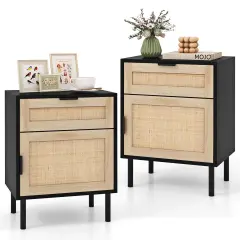 Costway Rattan Nightstand Set of 2 Mid Century Modern End Table with Drawer & Cabinet