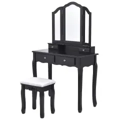 Costway Tri Folding Mirror Vanity Makeup Table Stool Set Black