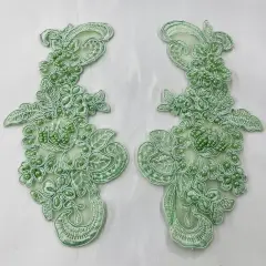 1 Pair 8.5" x 3.5" Each Side Beaded & Corded Floral Lace Applique 100% Polyester Organza Mint