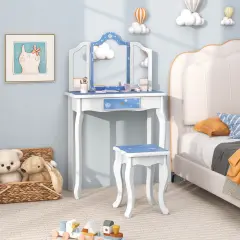 Costway Kids Vanity Table & Stool Set with Cute Polka Dot Print Tri-folding Mirror Drawer Pink&White/Light Pink&White/Pink&Black/Blue/Pink