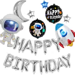 Silver Happy Birthday Space Balloons Banner - Rocket, Astronaut, Moon & Star