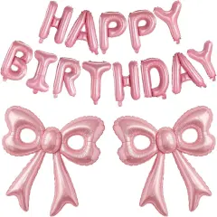 Pink Happy Birthday Balloons - Huge Pink Bow Aluminum Foil