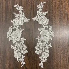 1 Pair Beaded & Corded Floral Lace Applique on 100% Polyester Net Mesh 13" x 3" Each Side Ivory with Rose G