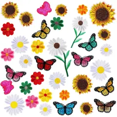 36 Pieces Flower Iron On Embroidered Patches Sunflower Cute Sew On Applique Patches for Clothing Large Colorful Decorative Patches for Clothes Dress Hat Jeans DIY (Butterfly, Sunflower, Daisy)
