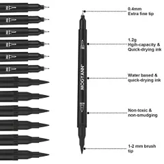12 Pack Dual Brush Pens Black Markers for Art Drawing Sketching