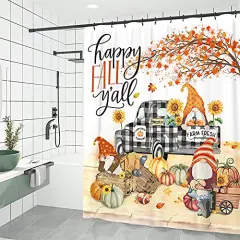 Fall Shower Curtain for Bathroom, Autumn Pumpkins Waterproof Bath Curtains, Gnomes Buffalo Plaid Truck Maple Leaves Farmhouse Decor Fabric Seasonal Shower Curtains with Hooks, 72"x72"