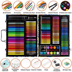 180 Piece Drawing Painting Art Kit with Clipboard and Coloring Papers, Gifts Art Set Case with Oil Pastels, Crayons, Colored Pencils, Watercolor Cakes