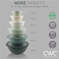 12 Piece Mixing Bowls with TPR Lids - Plastic Nesting Bowls Set includes 6 Prep Bowls and 6 Lids - Microwave Safe (Sage)