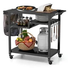 Black Metal Outdoor Grill Table, Rolling Prep Cart with Shelves and Hooks