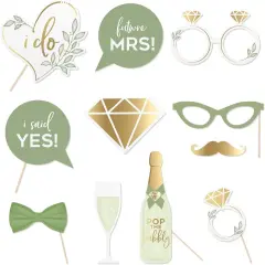 Olive Green Wedding Photo Props Kit,12 Pack Engagement Photo Props Accessories with Wooden Dowels for Bridal Shower Wedding Favour Party Decorations