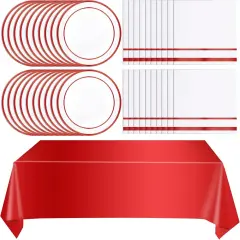 Red Party Supplies,Red Disposable Tableware Includes 24 Plates,24 Napkins and 1 Tablecloth