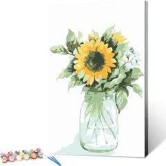 Paint by Numbers Kit for Adults Beginner & Kids Ages 8-12 with Wooden Frame Easy Acrylic on Canvas 9x12 inch with Paints and Brushes, Vase Sunflower(Include Framed)