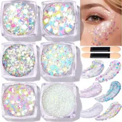 Face Glitter Body Glitter, Clear White Body Glitter Gel, Hair Glitter Gel, 6 Shapes Rave Glitter, Mermaid Sequins Makeup Glitters Face Paint, Chunky Sparkling Glitter Gel for Women