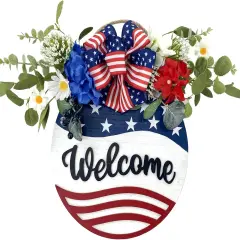 Welcome Sign Wreath 4th of July Wreath Patriotic Wreath for Front Door, 16" Red White and Blue Flower Wooden Sign Wreath for Memorial Day Independence Day Decoration