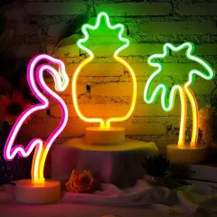Tropical 3-Piece Neon Lights Set &ndash; Flamingo, Pineapple, and Palm Tree Neon Signs for Summer Parties, Hawaiian Decor, and Bedroom Vibes | Battery/USB Powered with Demountable Pedestal