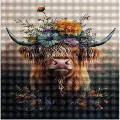 Diamond Painting Set Flower Highland Cow5D Beginner Diamond Art Set, DIY Painting with Round Full Diamond, Home Wall Decoration Jewel Art Gift 12x18 inches