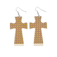 Glitter Marble Cross PU Leather Boho Dangle Earrings Yellow
