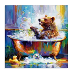 Stupell Industries Happy Bear in Bathtub Canvas Wall Art Design by Leon Devenice