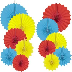 Paper Round Fan Party Decorations, Blue Yellow Red Hanging Fans for Carnival Circus