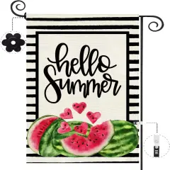 Hello Summer Watermelon Garden Flag Double Sided Black Stripes Watermelon Fruit Cool Summer Yard Flag Seasonal Holiday Outdoor Outside Decoration 12.5x18 Inch