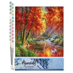 Figured'Art Paint by Numbers Kit for Adults Autumn River and Boat 16"x20" - Craft Art Painting DIY Kit Rolled Canvas without frame