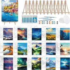 16 Sets Pre Sketched Coloring Canvas with Easels and Brushes (8x10 Inch, Landscape)